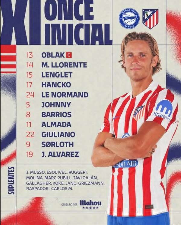 阿尔瓦雷斯领衔马竞客战阿拉维斯，新援悉数首发亮相